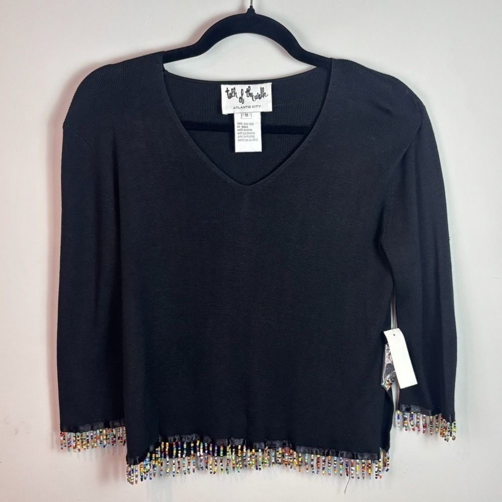 VTG Deadstock Talk of the Walk 100% Silk Womens Black Fringe Beaded Hem Top MED